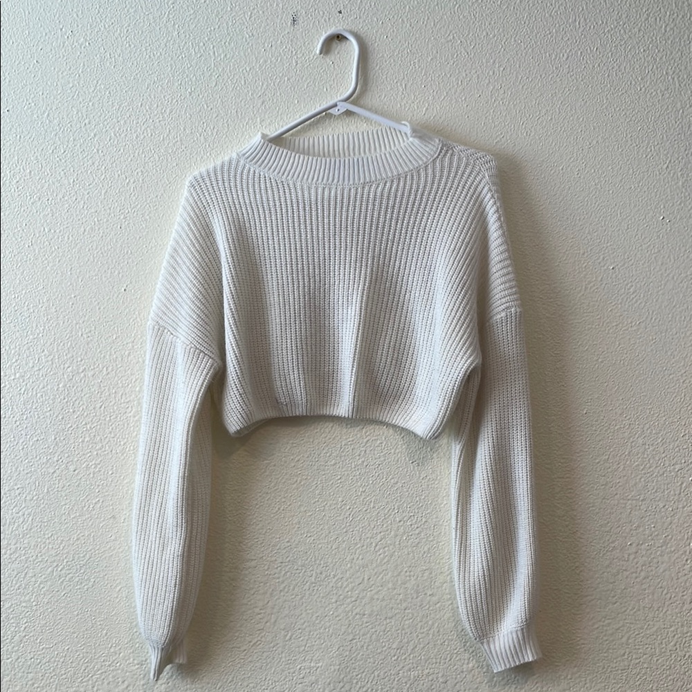 Cream Ribbed Knit Cropped Sweater